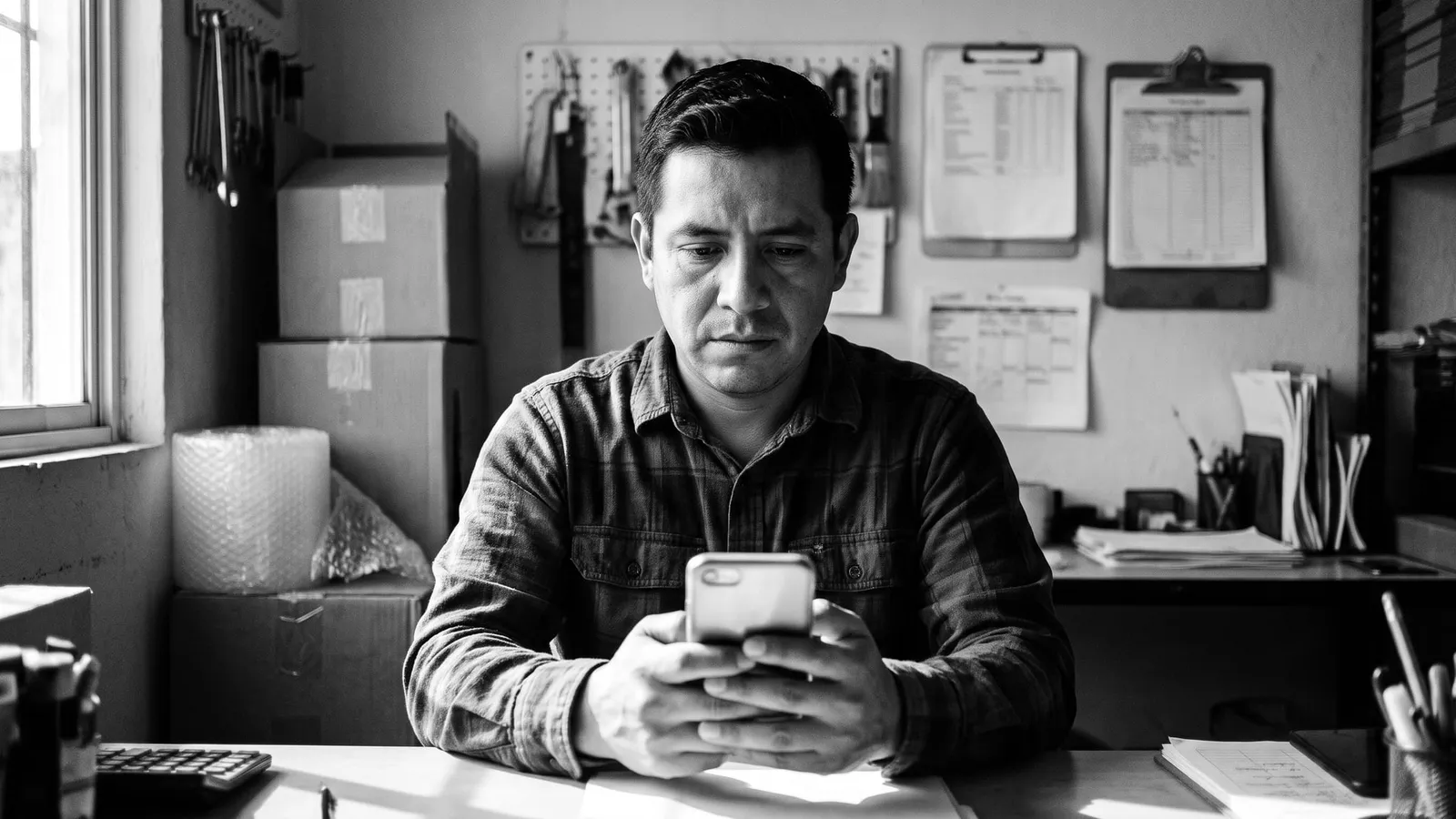 Hombre revisando mensajes en su celular en la trastienda de un negocio, entre cajas y pedidos