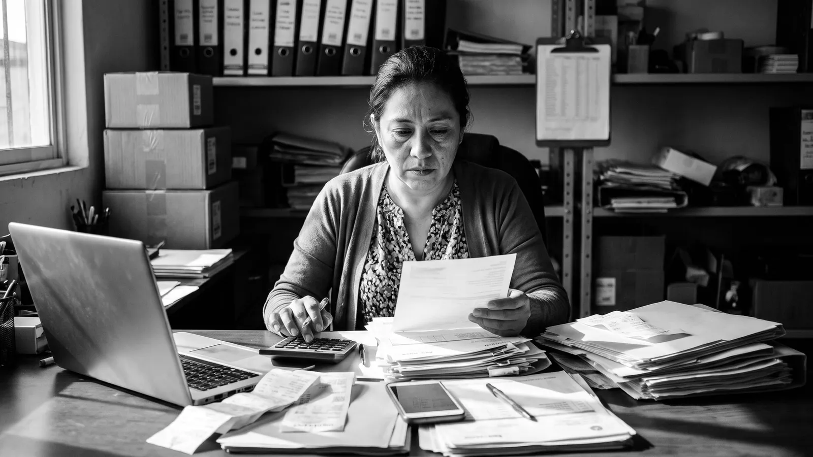 Mujer revisando facturas con una calculadora en un escritorio lleno de papeles