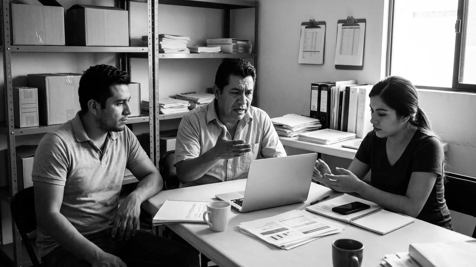 Dueño de un negocio discutiendo una decisión con dos colaboradores frente a una laptop