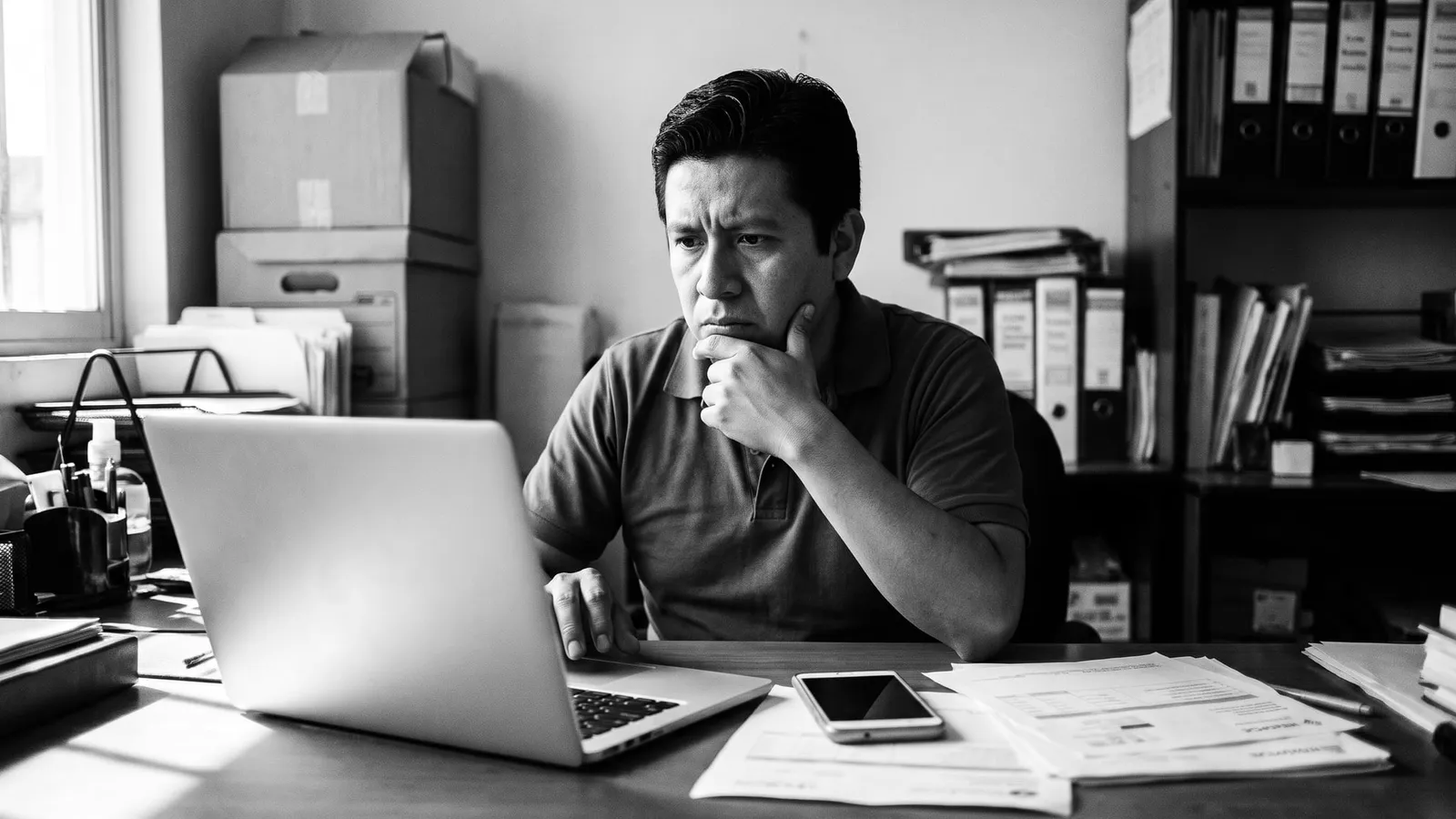 Hombre frente a su laptop con la mano en la barbilla y gesto de duda, junto a papeles y su celular