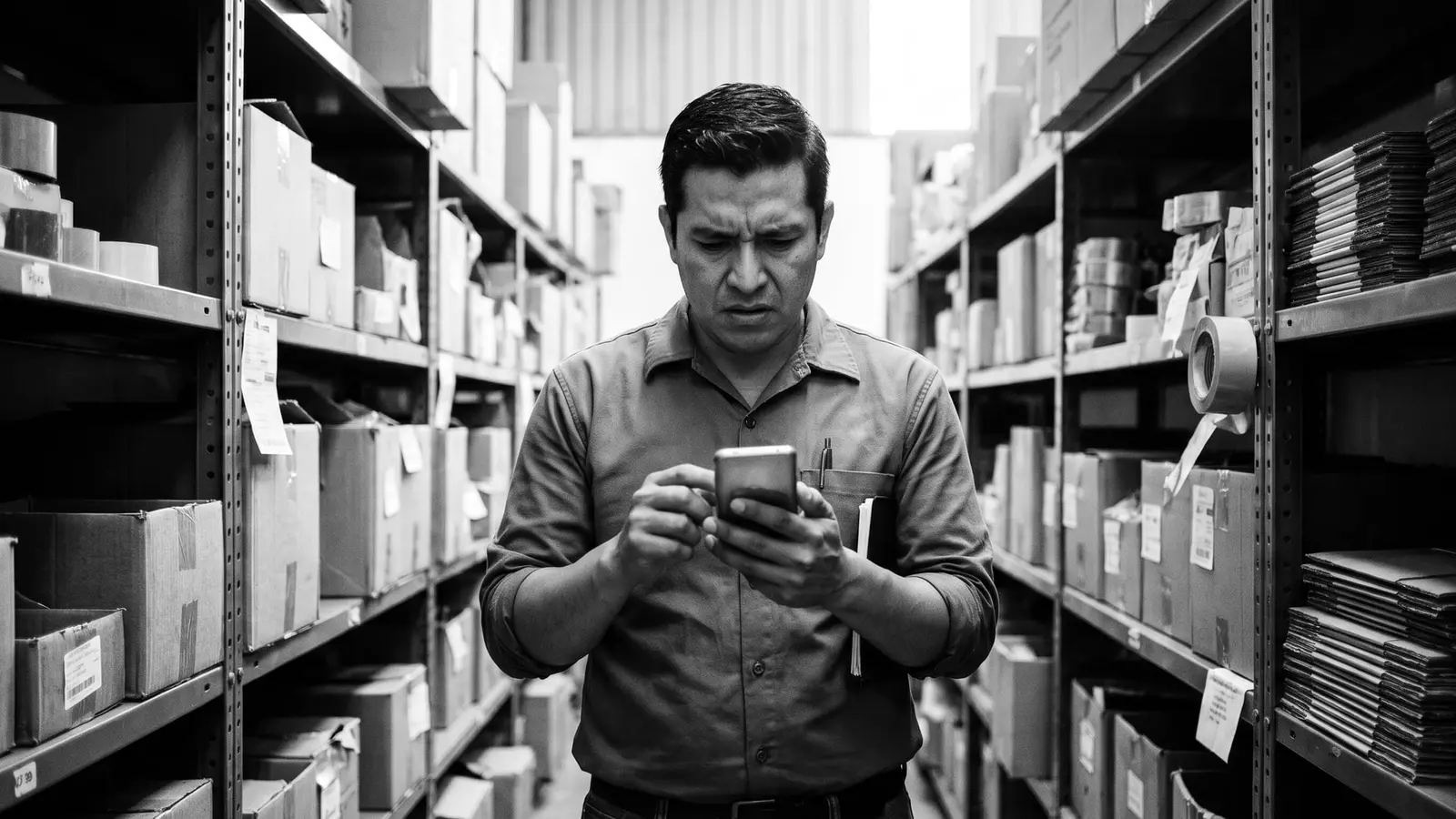 Vendedor preocupado revisando su celular entre los estantes de una bodega